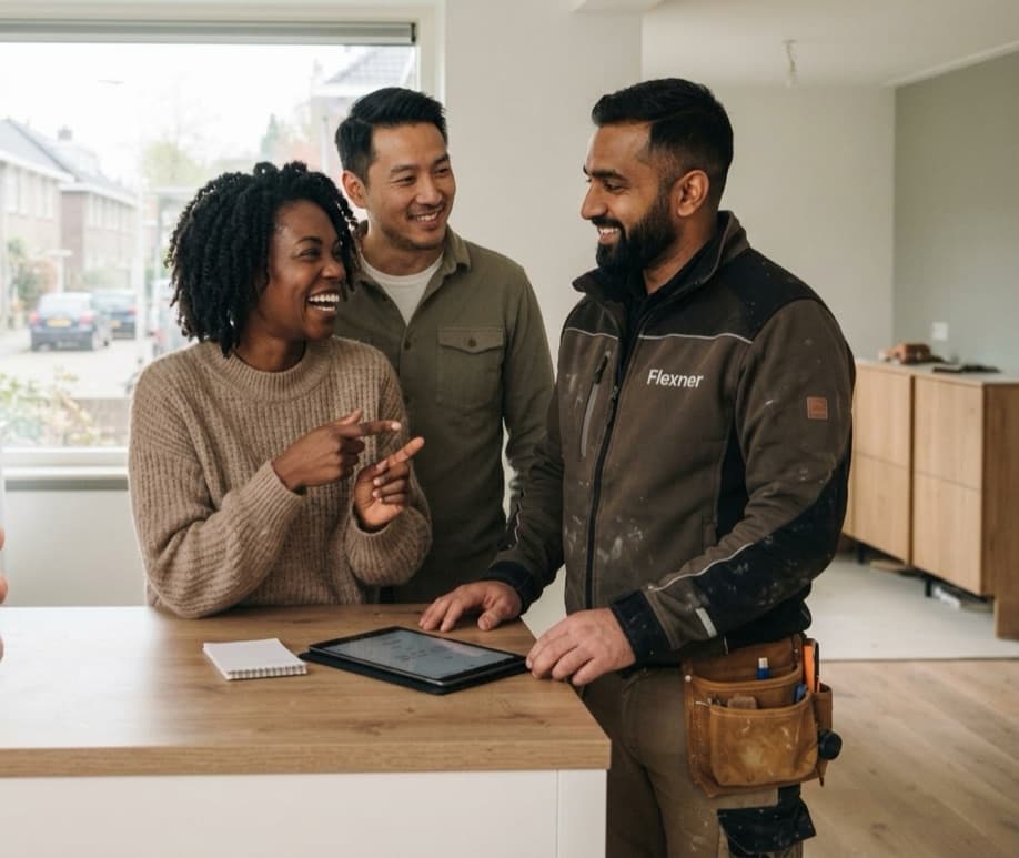 A builder in a Flexner jacket shows two clients on a tablet what has happened in their home.
