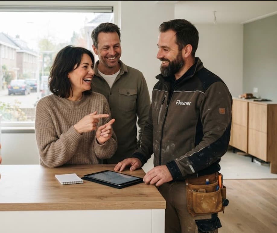 A builder in a Flexner jacket shows two clients on a tablet what has happened in their home.
