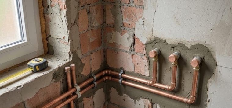 Verlegde koperen waterleidingen in een opengebroken muur
