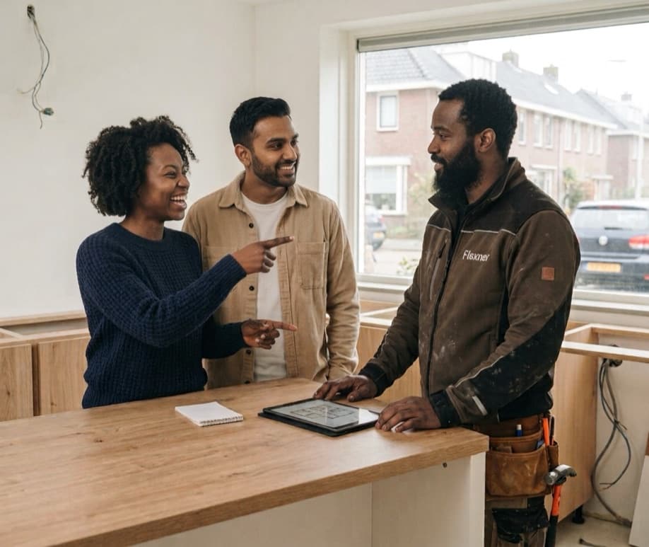 A builder goes through the floor plan on a tablet with two clients, at a kitchen worktop still under construction.