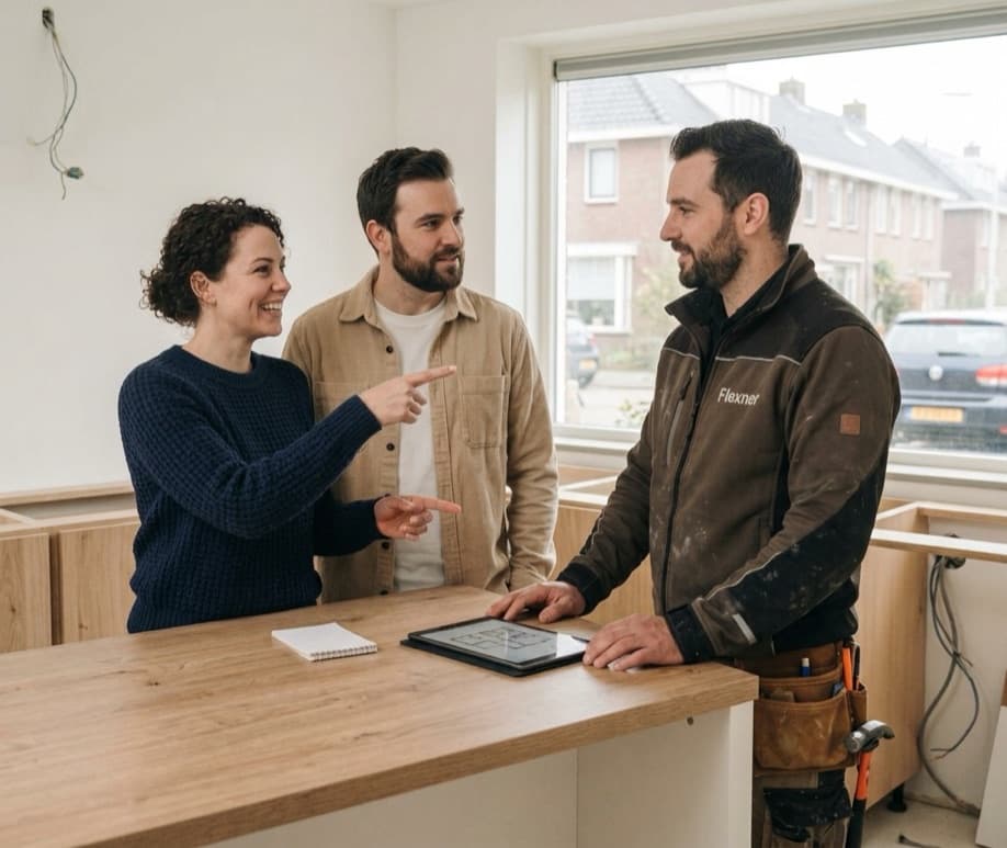 A builder goes through the floor plan on a tablet with two clients, at a kitchen worktop still under construction.