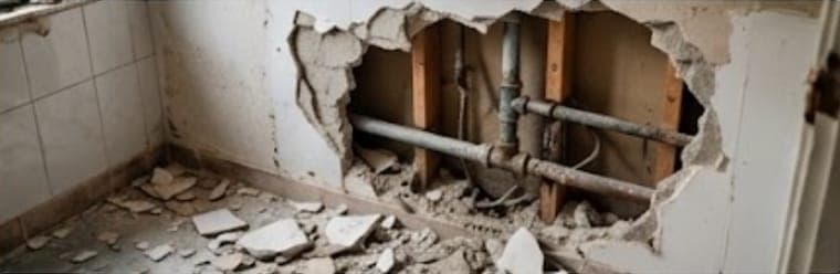 Opengebroken badkamerwand met blootliggende leidingen